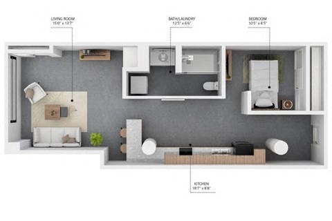 Floor plan for 1 bed, 1 bath, 630 sqft